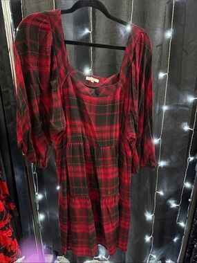 Maurices Red and Black Plaid Babydoll Dress